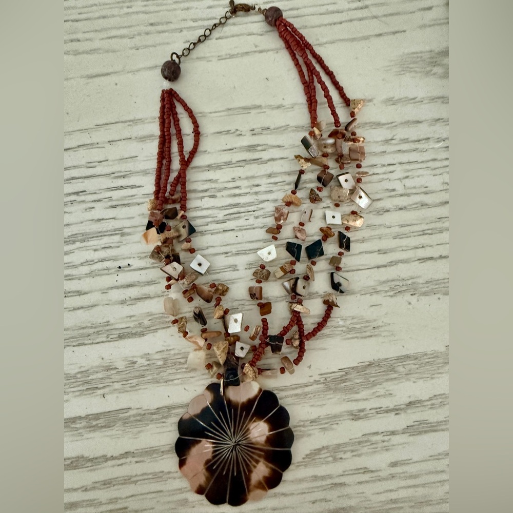 Abalone Shell Medallion on Multi-Strand Shells and Coral Beads